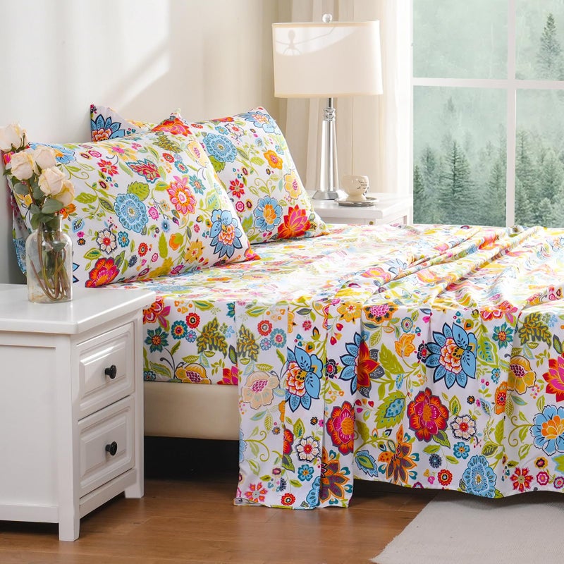 Bedlifes King Sheet Set Ultra Soft, Breathable, Silky Flower Deep Pocket 100% Microfiber Bedding, 4 Piece King Size with Floral Spring Design - Image 4